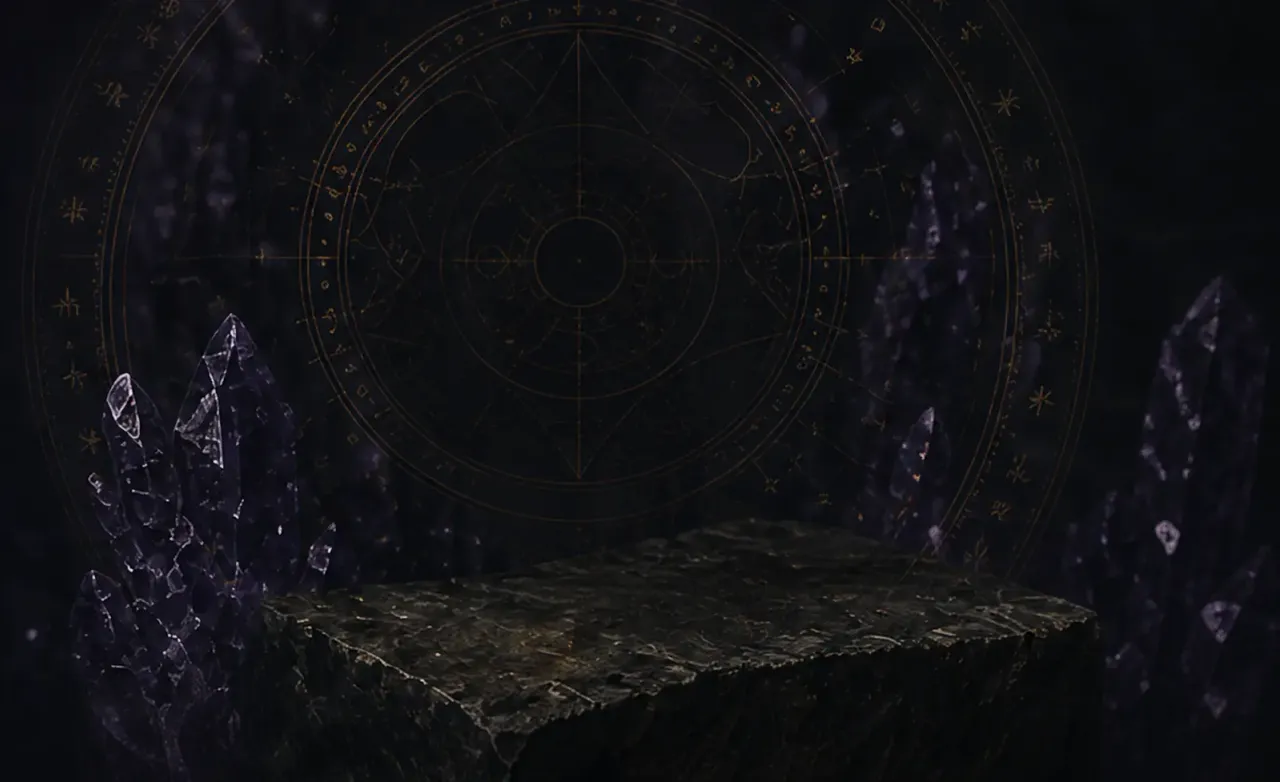 Dark fantasy jewelry display stage with purple crystals and an alchemical circle.