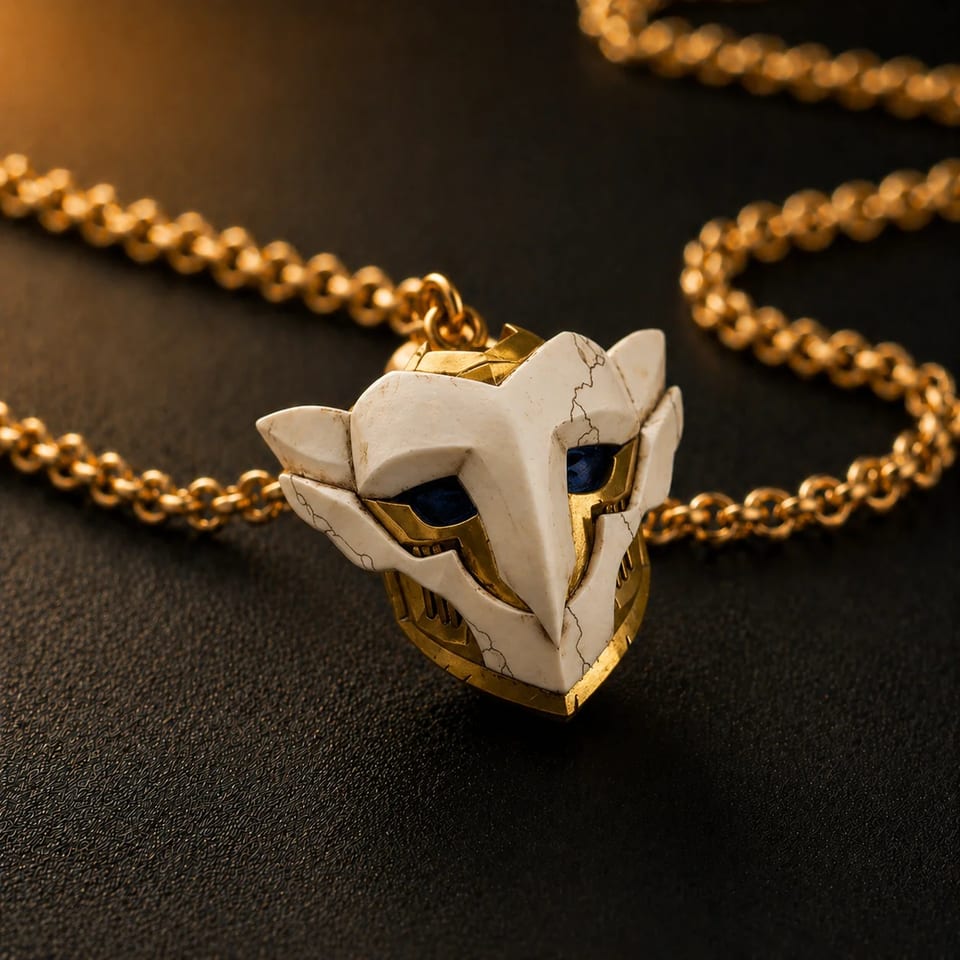 Hand-painted Firelight mask pendant front view with twin lenses and weathered finish